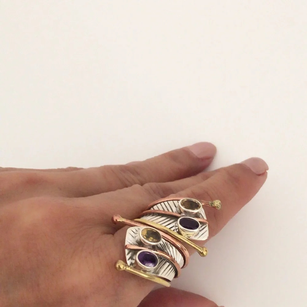 Artisan Tri Tone Sterling Silver Feathered Wrap Ring Brand New Size 7